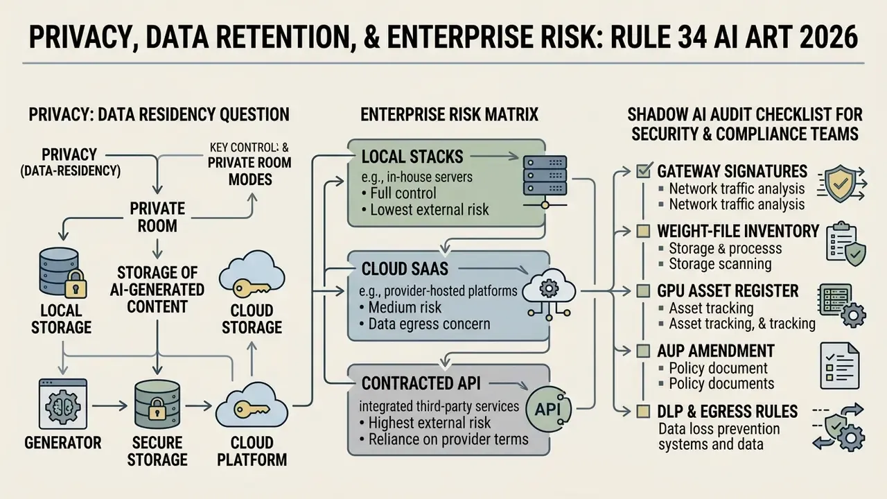 Diagram mapping data residency, enterprise risk matrices, and security audit checklists for AI systems