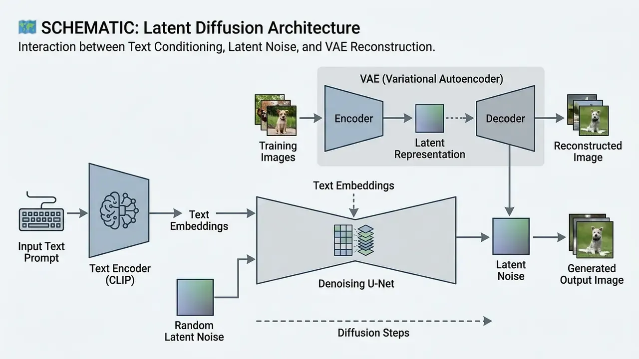 Diagram showing how AI images work by processing text prompts and latent noise through a denoising U-Net