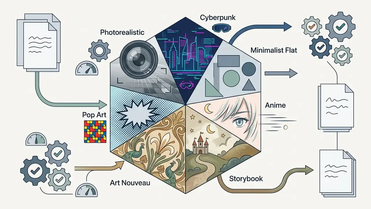 Hexagon divided into six segments showing diverse creative aesthetics connected to gears and documents