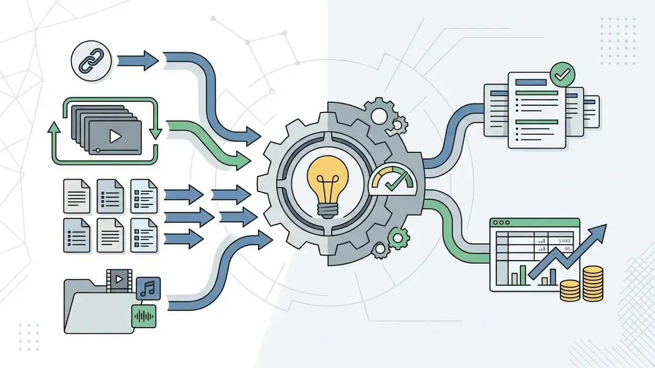 Icons representing various media inputs feeding into a central gear mechanism to produce reports and data