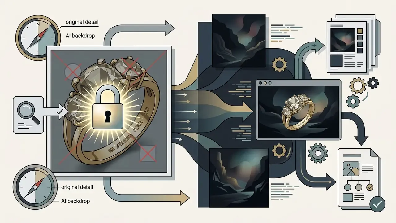 Locked jewelry packshot combined with AI generated cinematic backdrops for ecommerce lookbooks