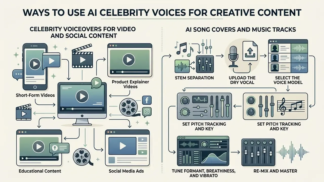 Infographic detailing workflows for video voiceovers and music production using synthetic audio technology