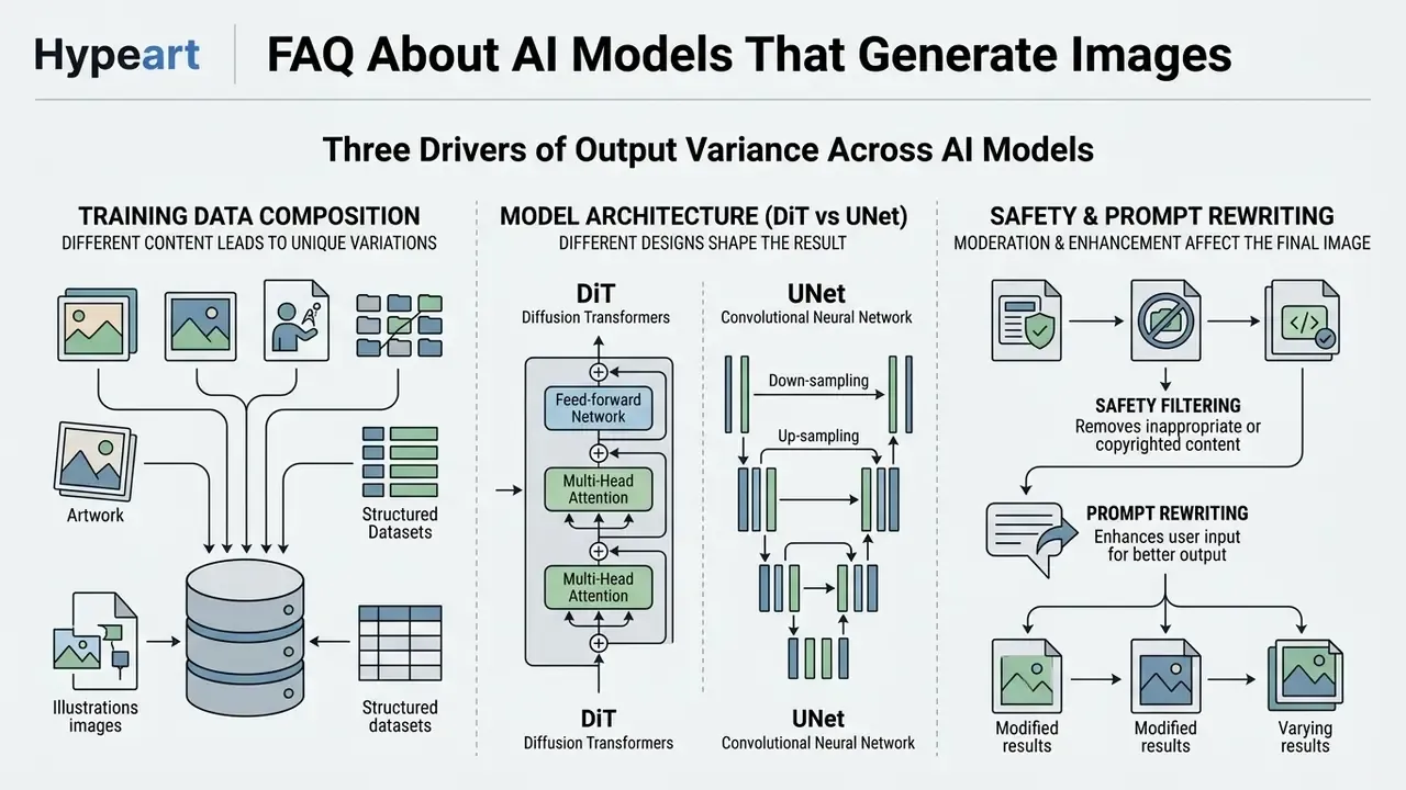 Infographic detailing how training data, model architecture, and safety filtering cause AI output variance