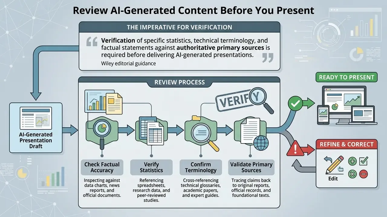 Step-by-step process for verifying AI-generated presentation drafts against authoritative sources