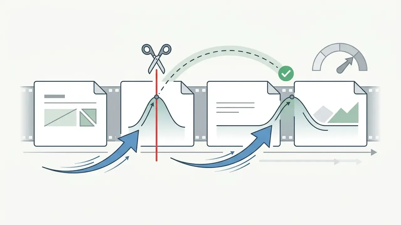 Scissors icon cutting a video timeline at a motion peak to connect footage with a smooth transition