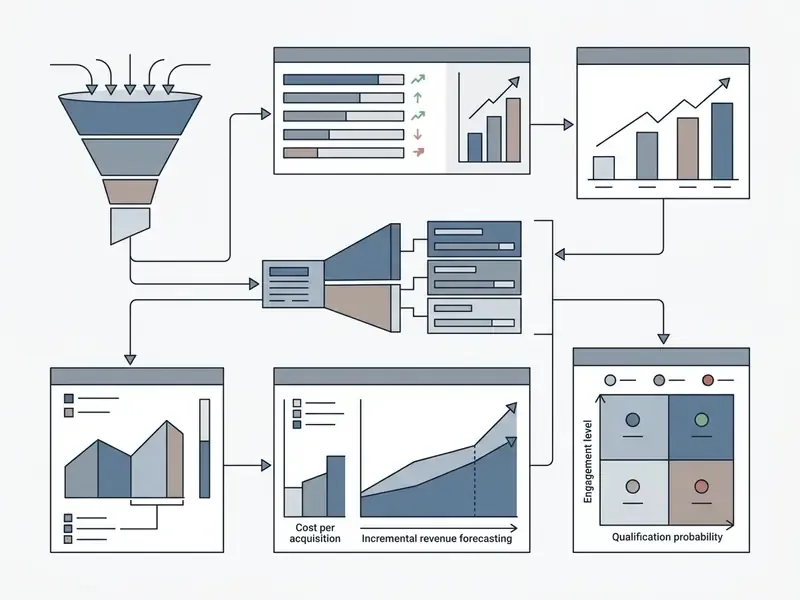 Data funnel diagram connecting lead inputs to revenue forecasting charts and engagement matrices