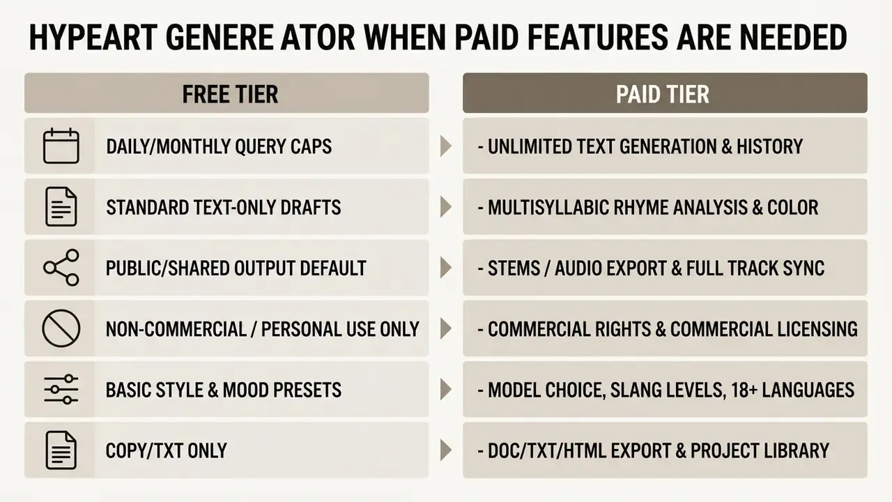 Table listing differences between free and paid subscription tiers with corresponding feature icons