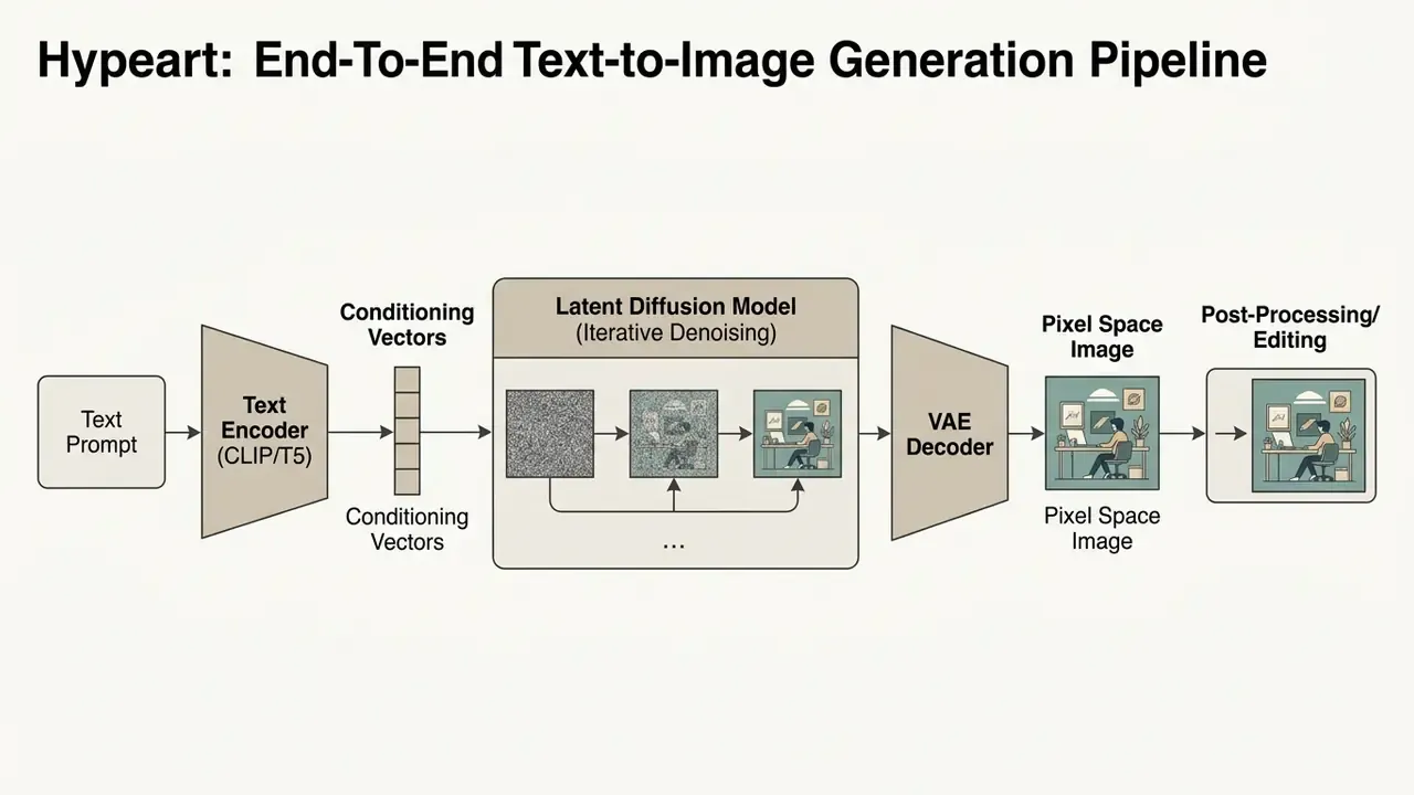 Step-by-step diagram showing the conversion of text prompts into images through encoding and denoising
