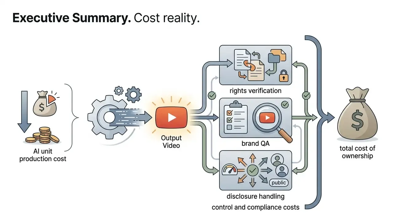 Flowchart showing how automated video production lowers unit costs while increasing compliance expenses