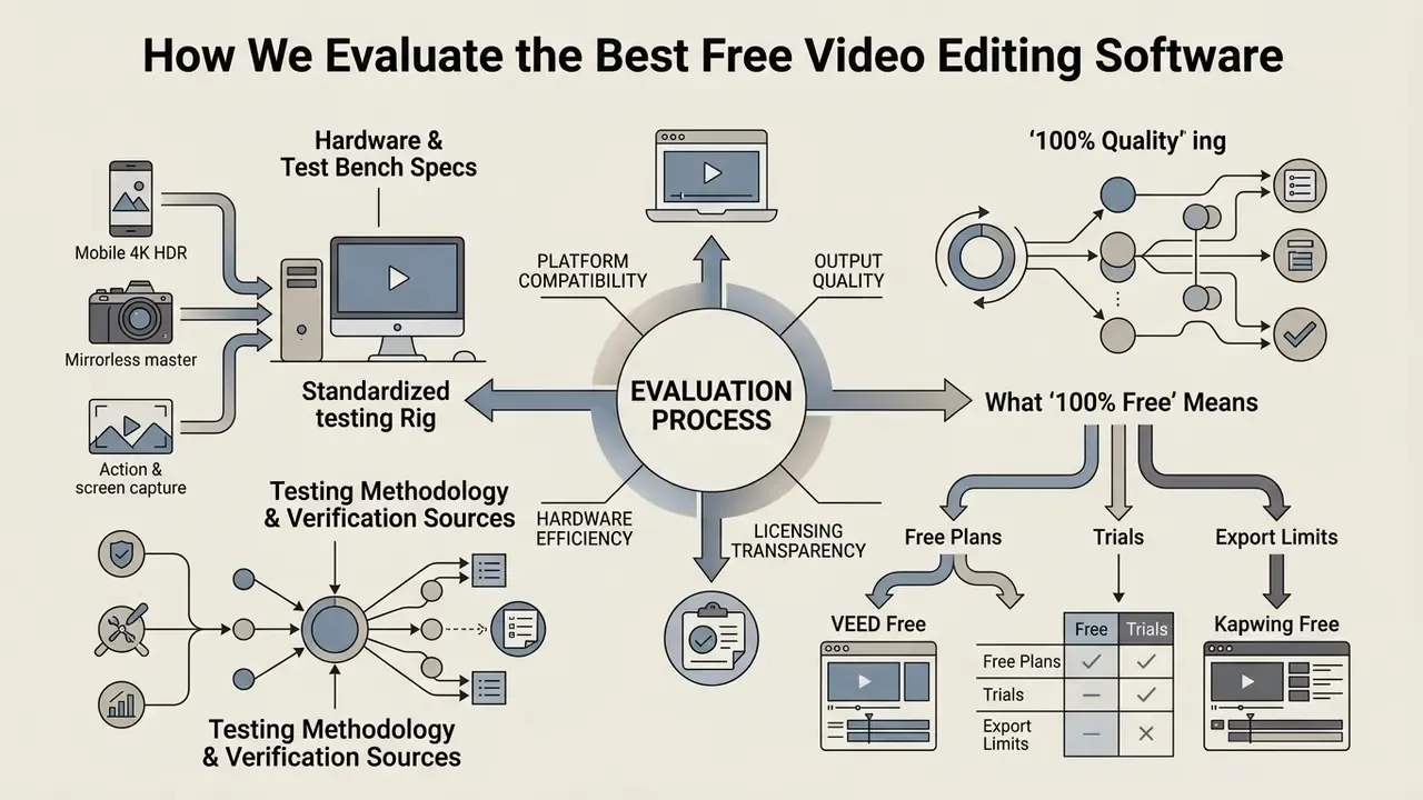 Infographic showing the criteria for testing hardware, output quality, and licensing for video software