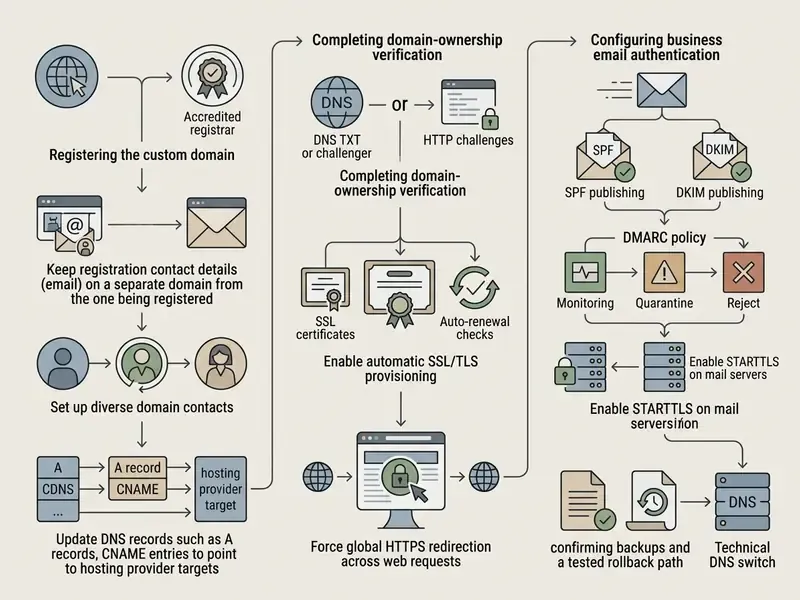 Flowchart showing steps for domain registration, DNS configuration, SSL provisioning, and email security