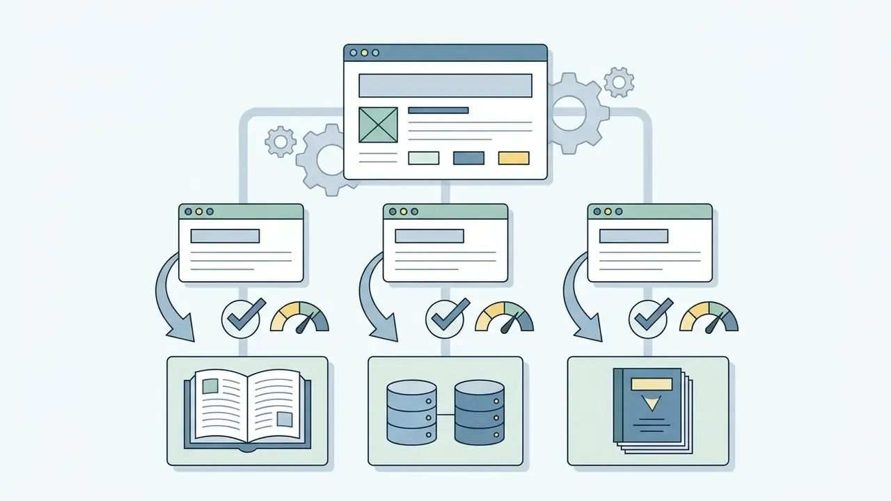 Web browser windows connecting to research sources, databases, and documents with verification icons