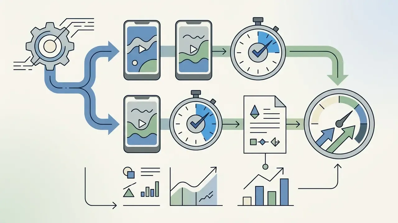 Gear mechanism feeding two video testing paths with stopwatches and data charts leading to a performance gauge