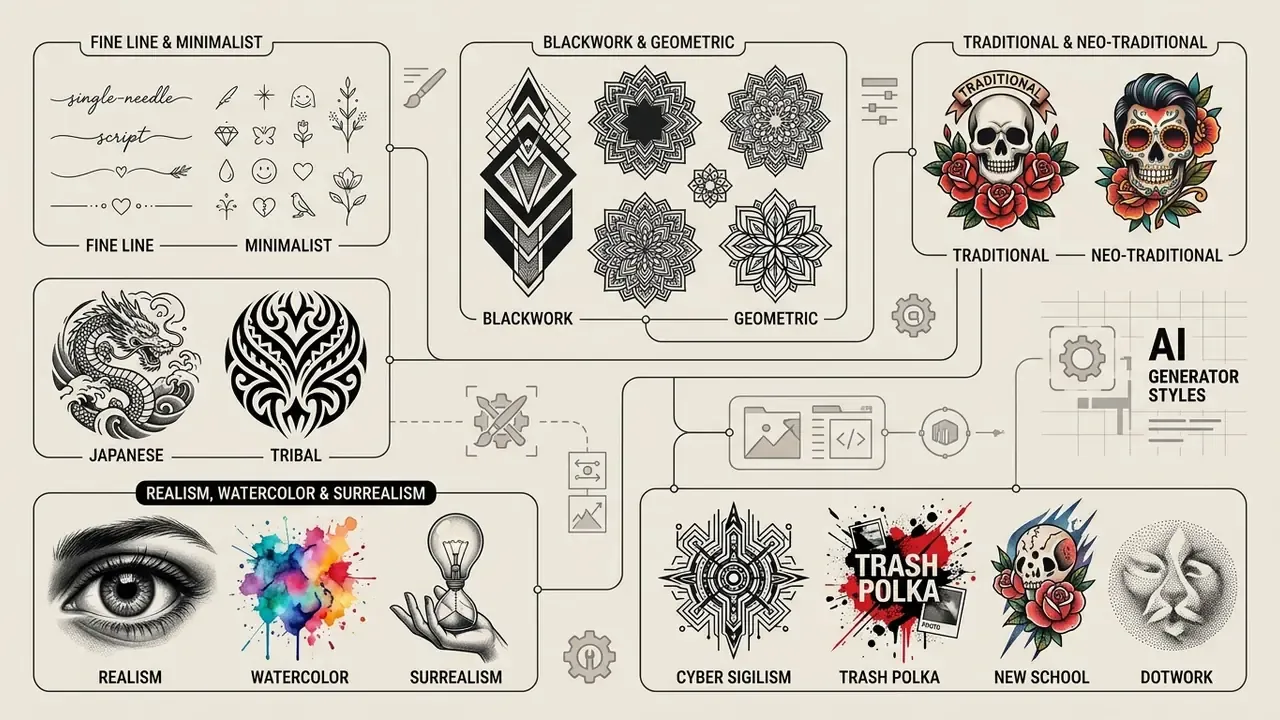 Categorized grid displaying various tattoo designs like fine line, geometric, realism, and modern sub-genres