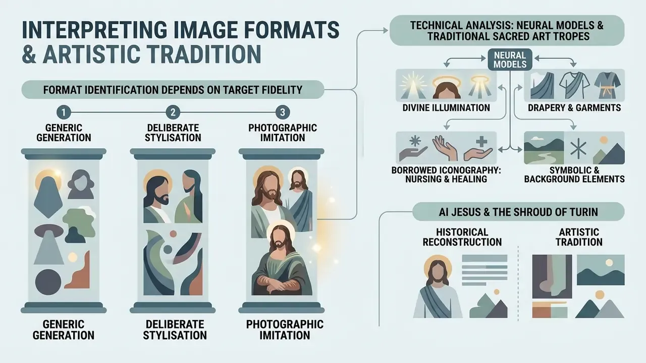 Diagram detailing technical analysis of neural models and sacred art tropes in synthetic imagery