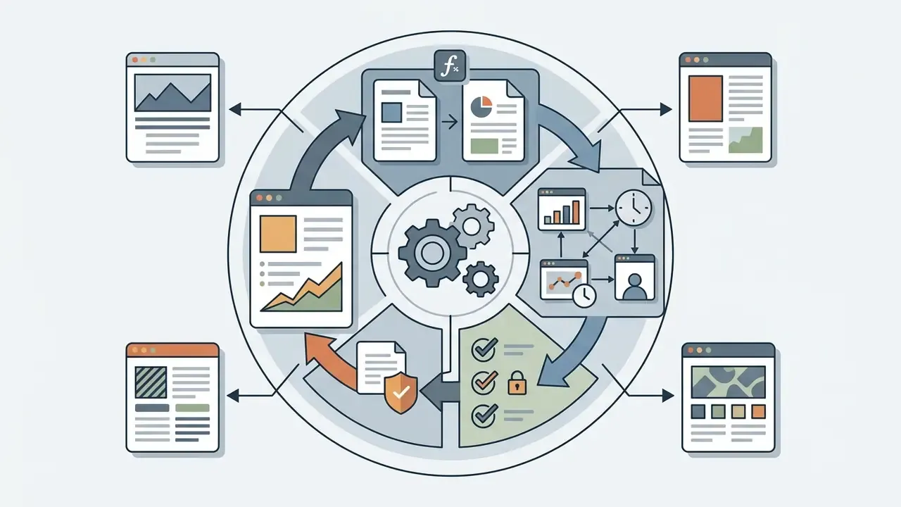 Circular process diagram showing document inputs and compliance checks feeding into output windows