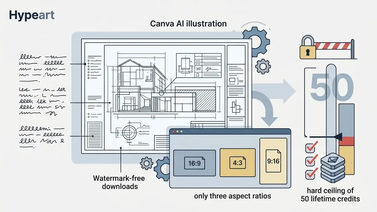Canva AI blueprint illustration showing aspect ratio options and a credit limit gauge with a lock icon