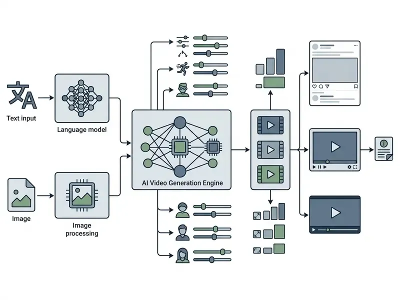 Flowchart showing text and image inputs processed by an AI engine into various video output formats