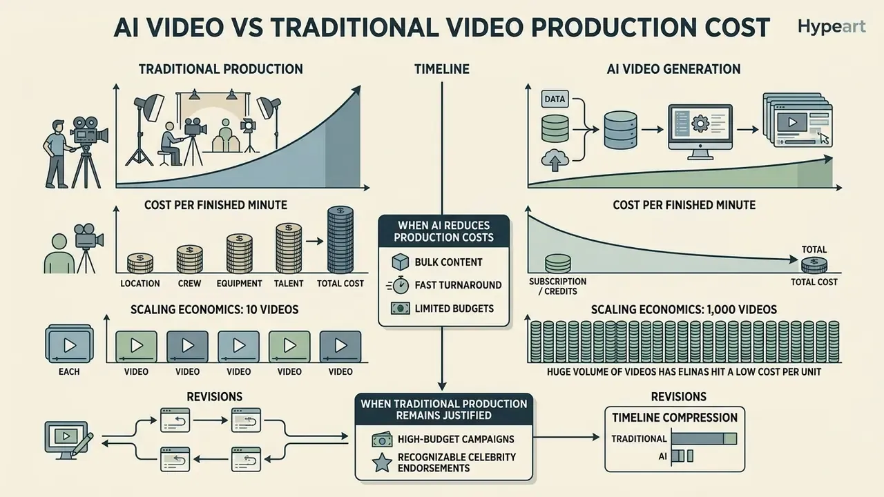 Infographic comparing costs, scaling, and timelines between traditional and AI video production methods