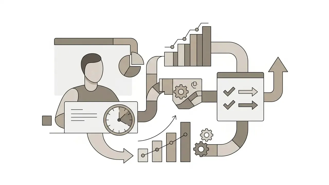 Person tracking time and data through a pipeline of gears and charts to calculate AI Video API costs