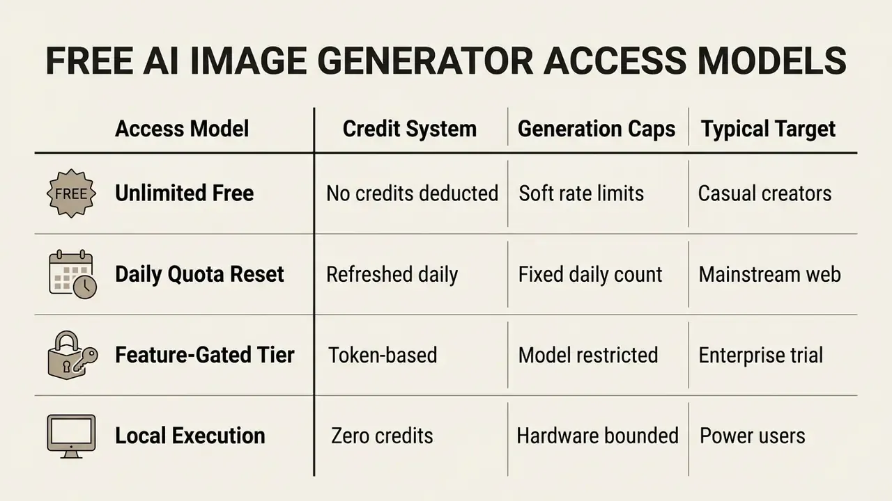 Table comparing four different access models for image generation tools by credit, cap, and user type