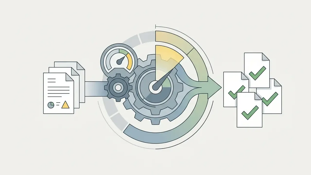 Documents feeding into a gear mechanism with a gauge to produce approved files with checkmarks
