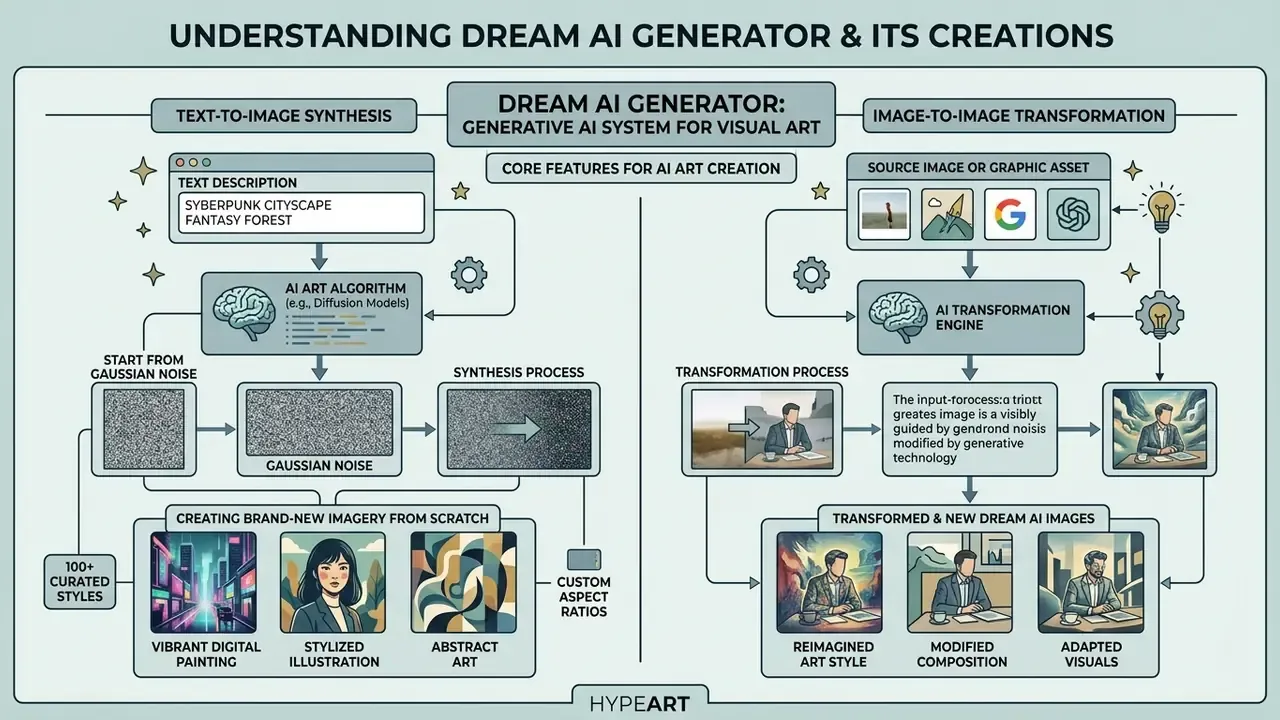 Diagram comparing text-to-image synthesis and image-to-image transformation in a dream AI generator