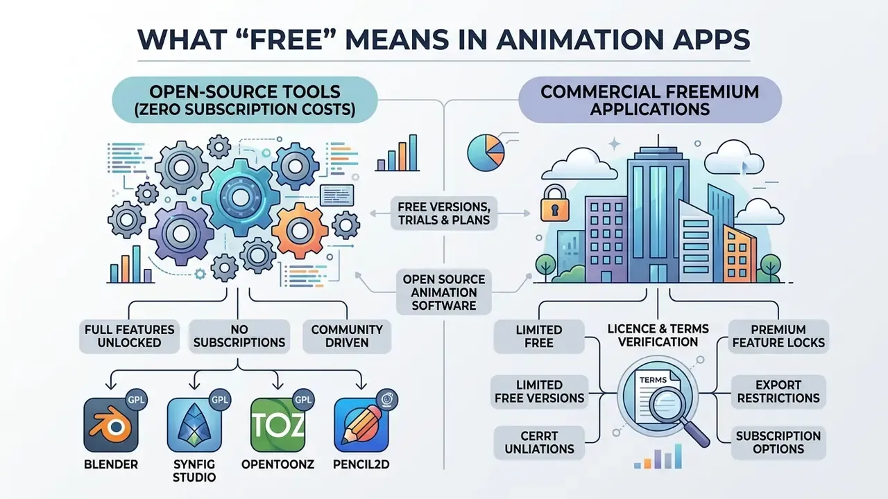 Infographic comparing open-source animation tools with zero subscription costs against commercial freemium apps
