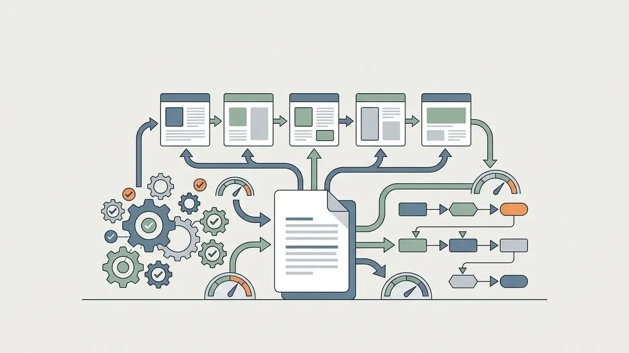 Interconnected system of gears, gauges, and documents showing data processing and workflow automation