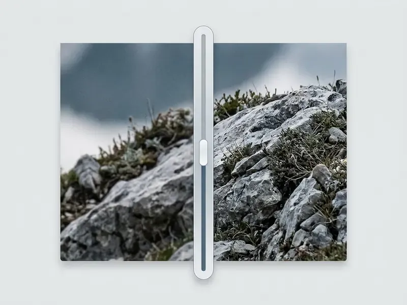 Interactive slider comparing low-resolution rock texture with AI enhanced image detail