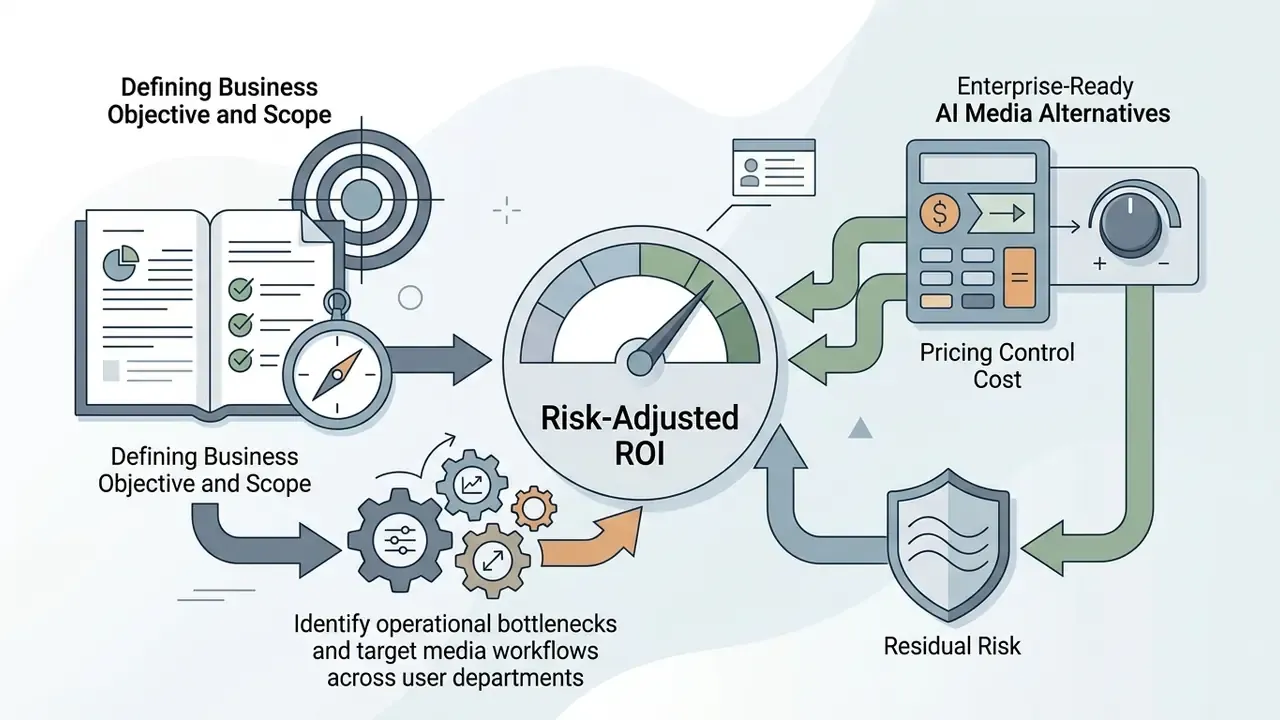 Diagram showing business objectives and workflows connecting to a gauge for measuring risk-adjusted ROI