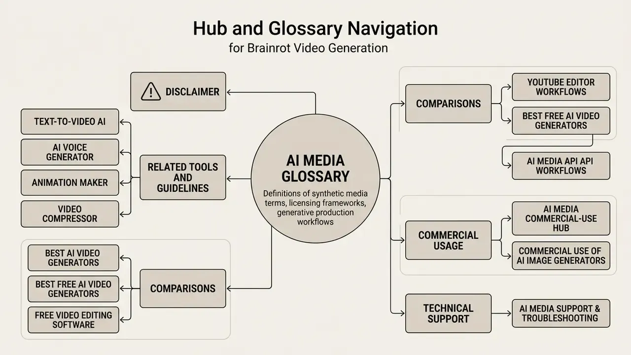 Centralized map connecting an AI media glossary to various production tools, workflows, and resource hubs