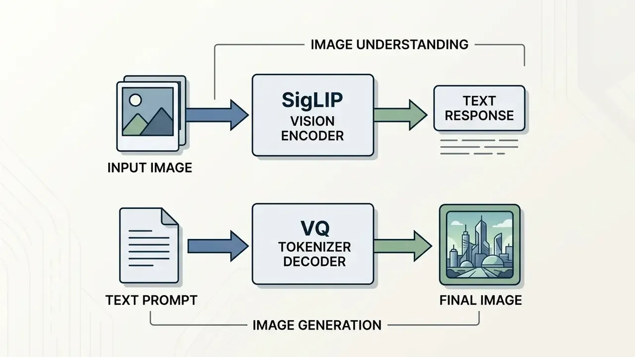 Diagram showing SigLIP vision encoder for image understanding and VQ tokenizer decoder for image generation