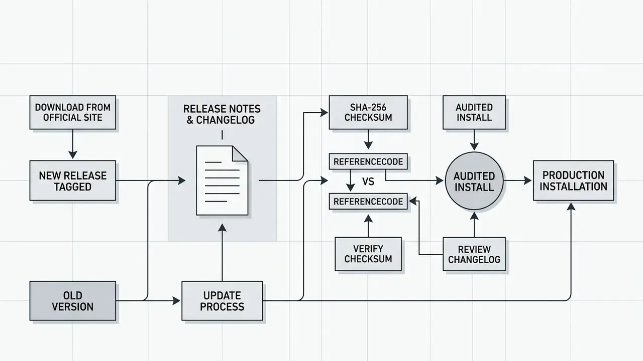 Flowchart mapping the Shotcut release cycle from GitHub tags to SHA-256 validation and final deployment