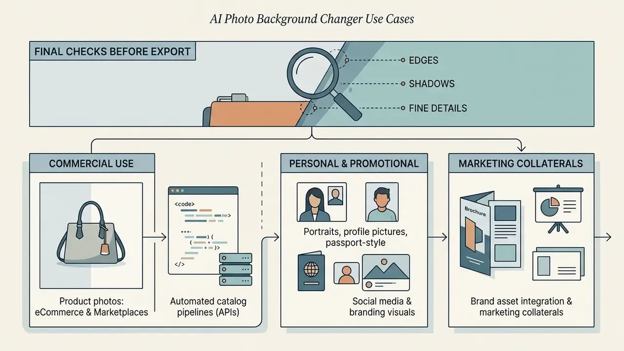 Infographic detailing commercial, personal, and marketing applications for automated background editing