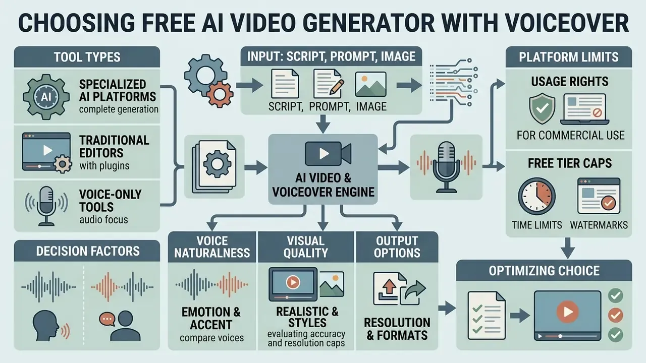 Flowchart detailing factors for selecting a free AI video generator with voiceover