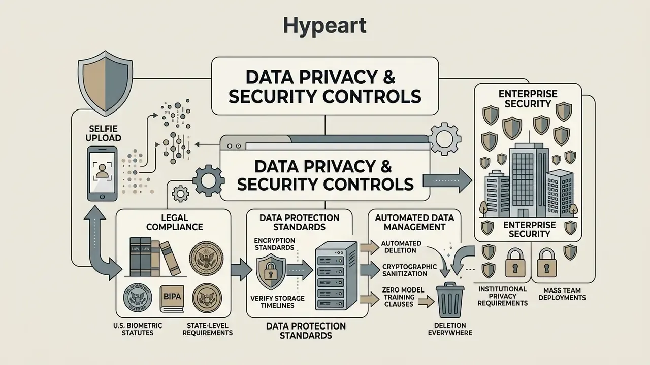 Visual breakdown of biometric data privacy, legal compliance, and automated security management protocols