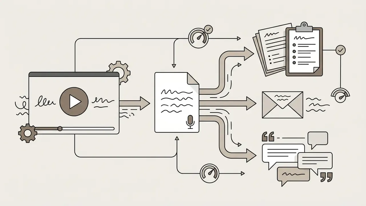 Webinar video feeding into a transcript hub that generates notes, email drafts, and social pull-quotes