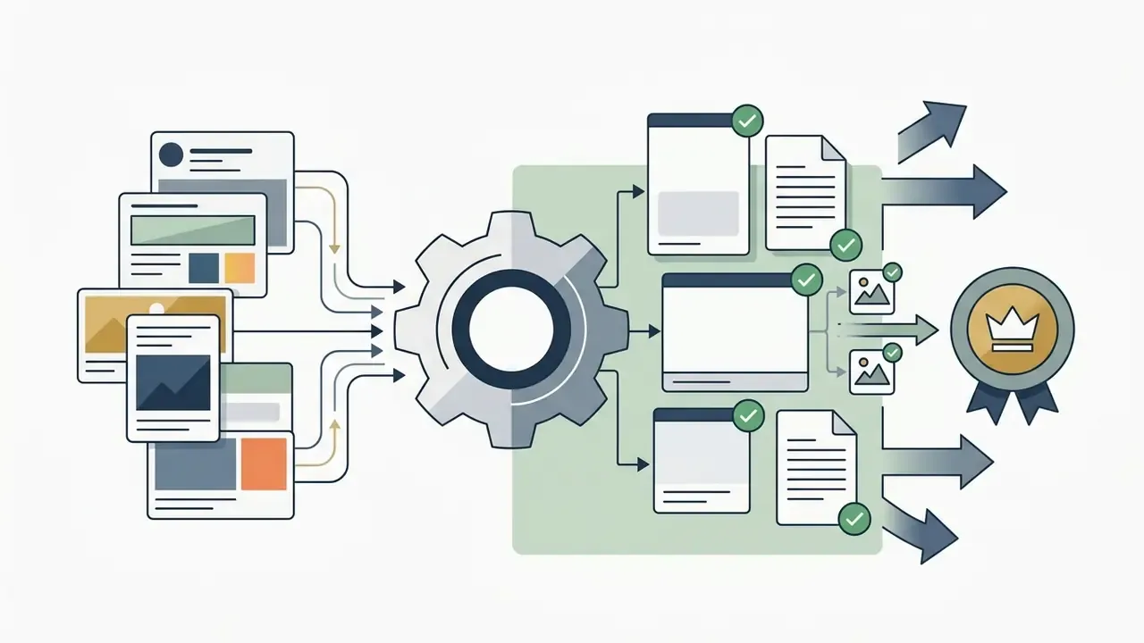 Central gear processing various document and image inputs into compliant assets with a quality badge