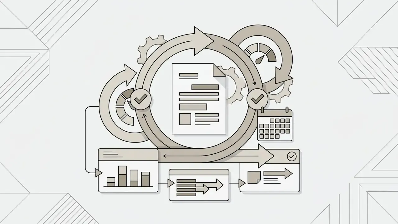 Circular arrows surrounding a document and calendar icon to represent a recurring policy review cycle