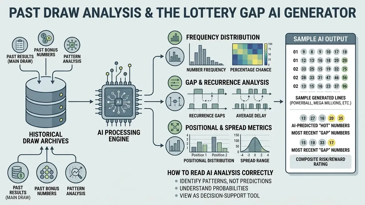 Data processing steps showing how an AI lottery generator computes historical draw patterns and metrics