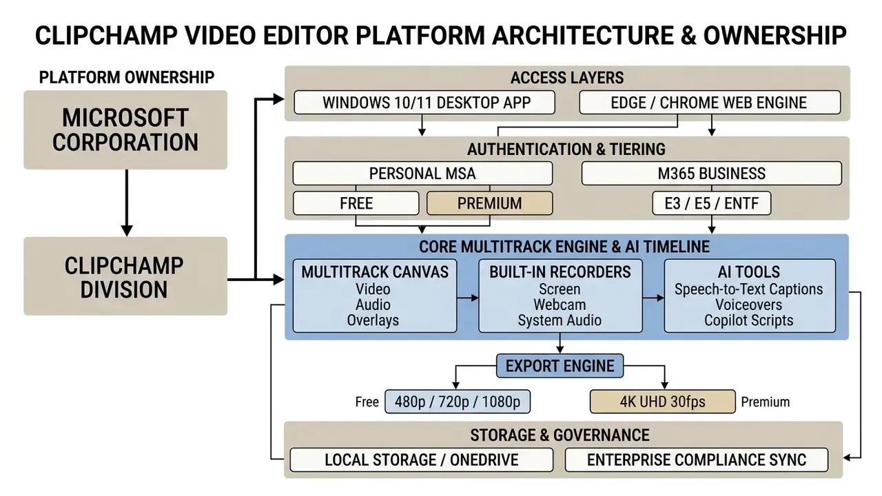 Flowchart detailing the Clipchamp video editor architecture, including ownership, access, and engine layers