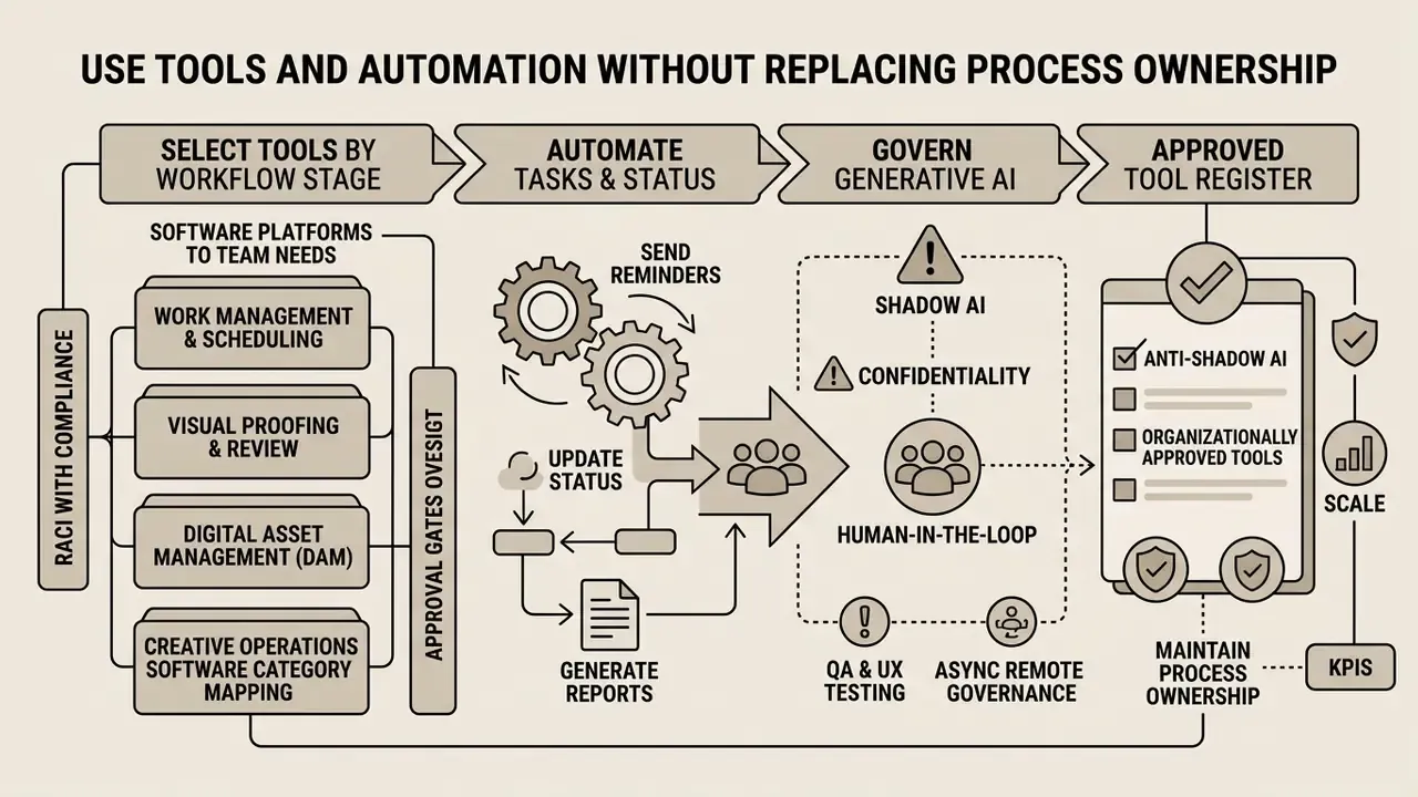 Flowchart detailing software selection, task automation, AI governance, and approved tool registration