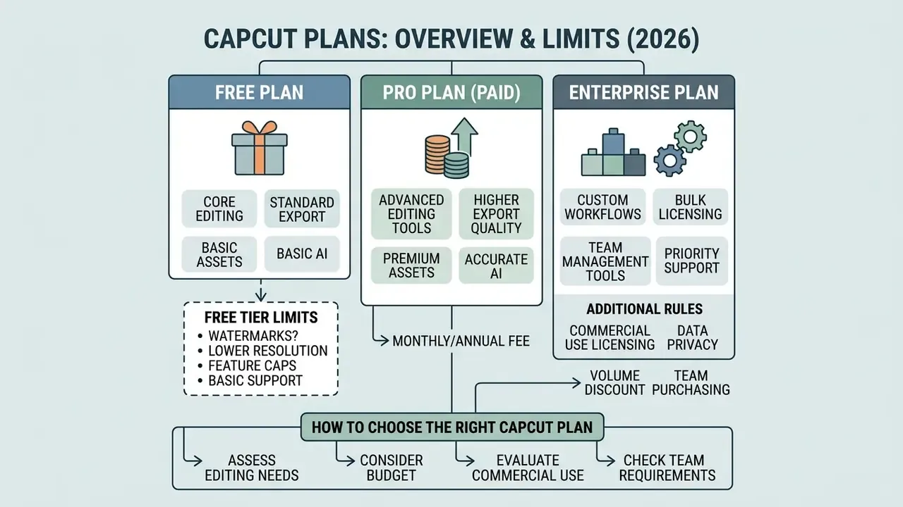 Comparison of CapCut subscription plans detailing features and limits for free, pro, and enterprise tiers