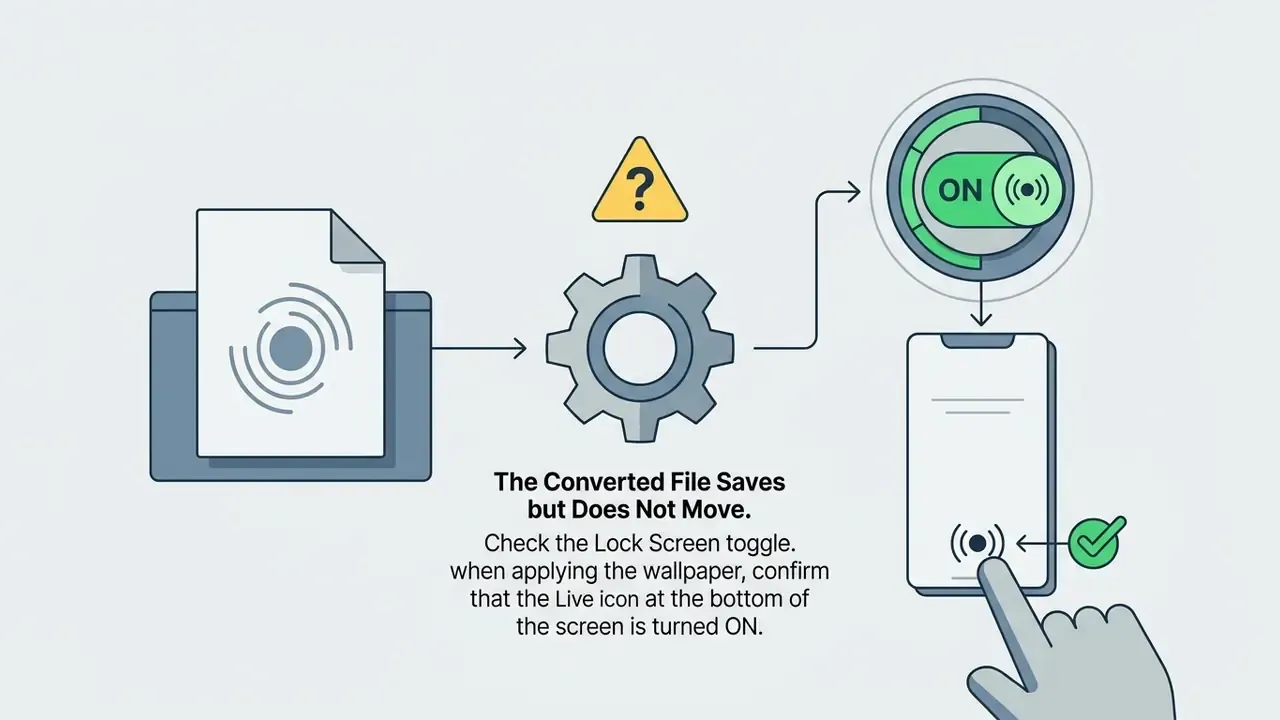File icon moving through a gear to a toggle switch and a finger tapping a Live icon on a phone screen