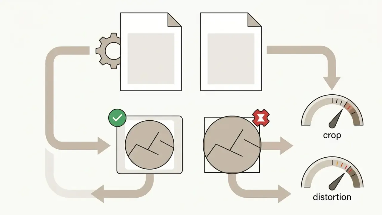 Two document icons linked to circular image previews with gauges measuring crop and distortion levels
