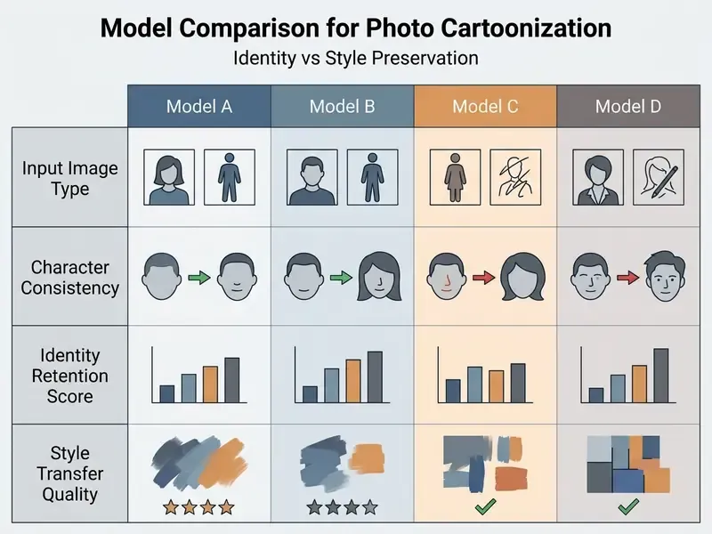 Comparison table evaluating four models on character consistency, identity retention, and style transfer