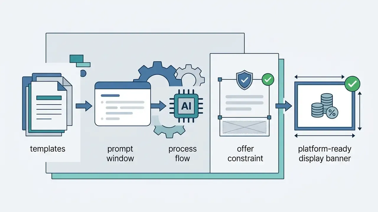 Workflow diagram showing templates and prompts processed through compliance constraints to create banners