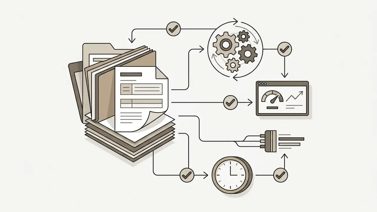Folders and documents feeding into a gear mechanism, dashboard, and clock to track AI media benchmarks