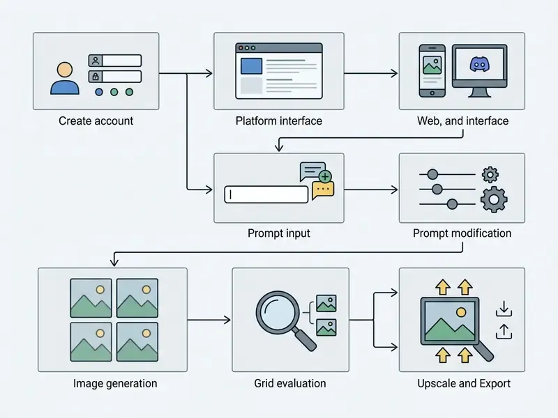 Step-by-step diagram showing the Midjourney AI image generation path from account setup to final export